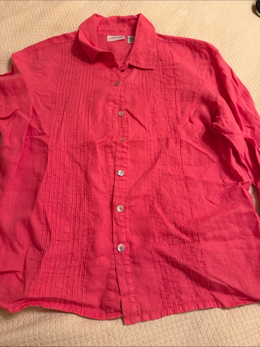 Women’s 100% linen Button-Up Textured Pink shirt